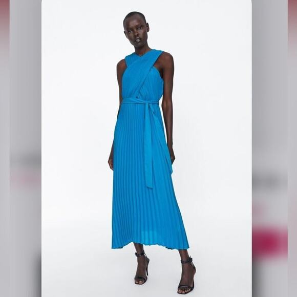 Zara Blue Wrapped Pleated Cross-Neck Halter Dress Size Medium - Picture 5 of 12